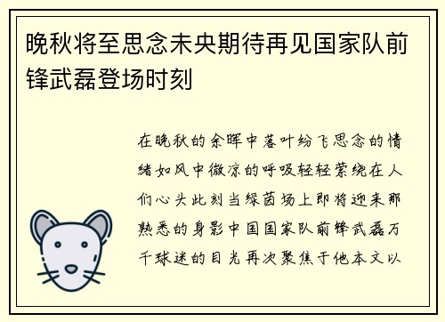 晚秋将至思念未央期待再见国家队前锋武磊登场时刻